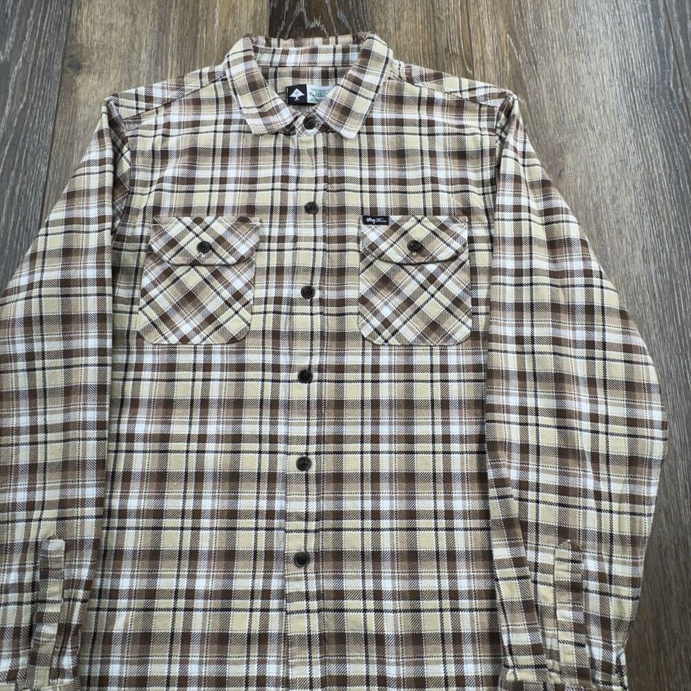 Lifted Research Group Flannel Shirt Mens M Plaid Beige Brown Tonal LRG Hiking